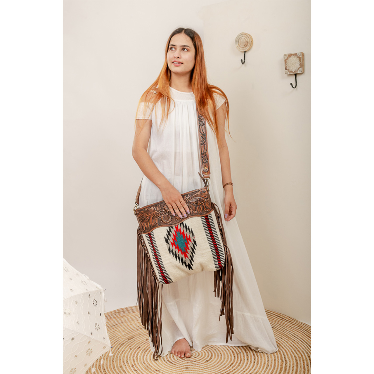 Cowhide Tooling Carving Fringe Bag