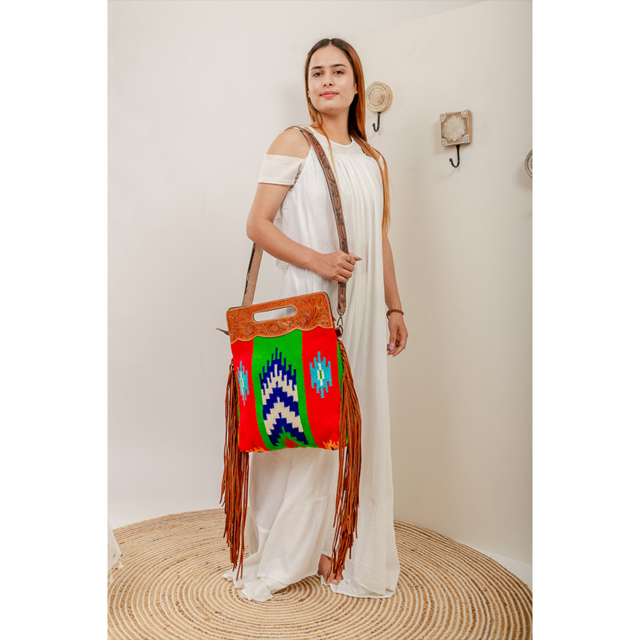 Cowhide Tooling Carving Fringe Bag