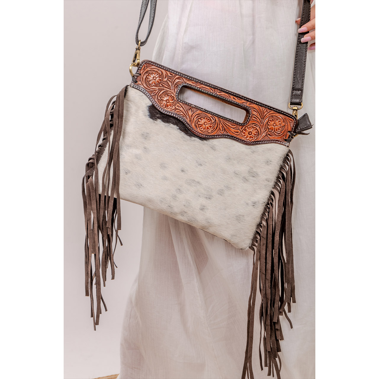 Cowhide Tooling Carving Fringe Bag