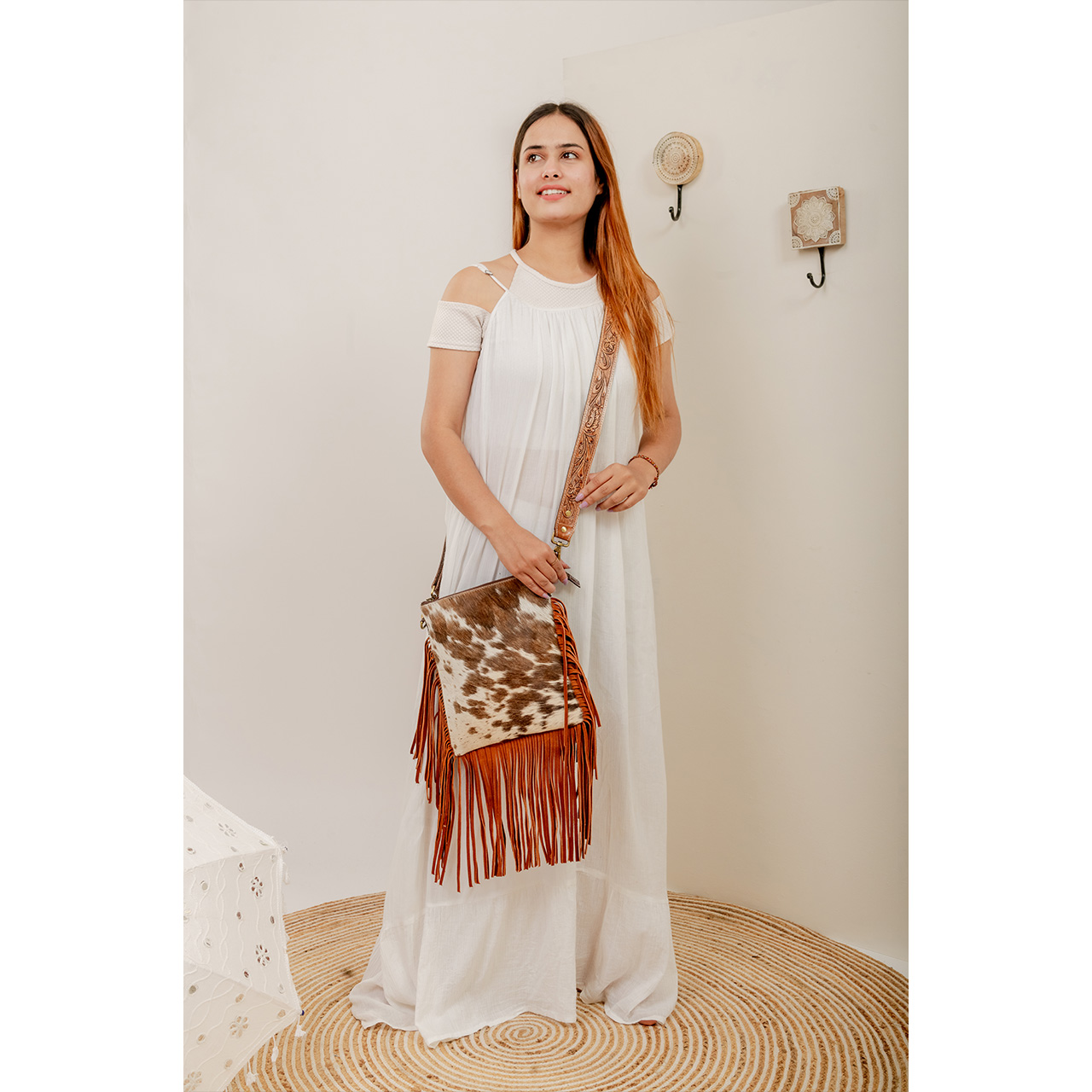 Cowhide Tooling Carving Fringe Bag