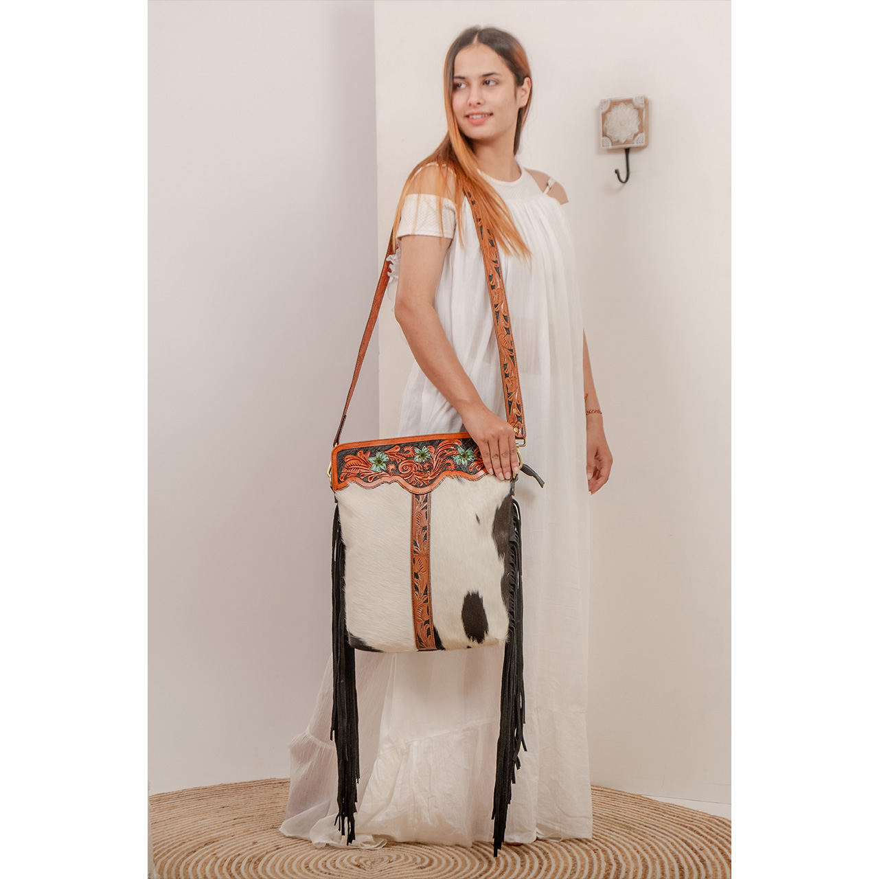 Cowhide Tooling Carving Fringe Bag
