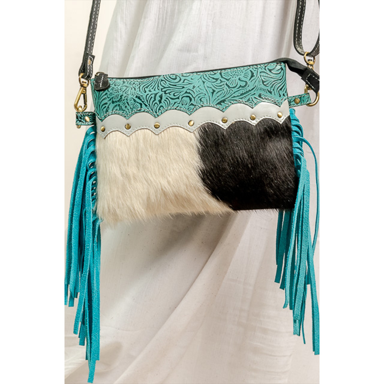 Cowhide Tooling Carving Fringe Bag