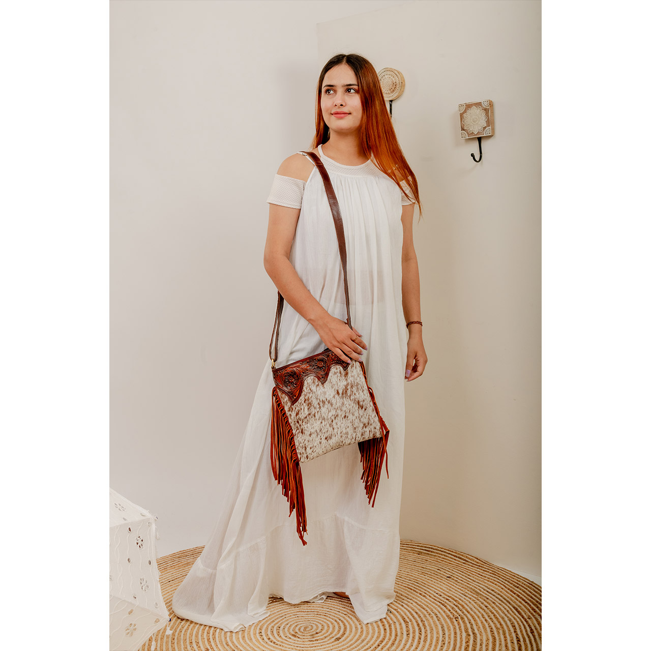 Cowhide Tooling Carving Fringe Bag