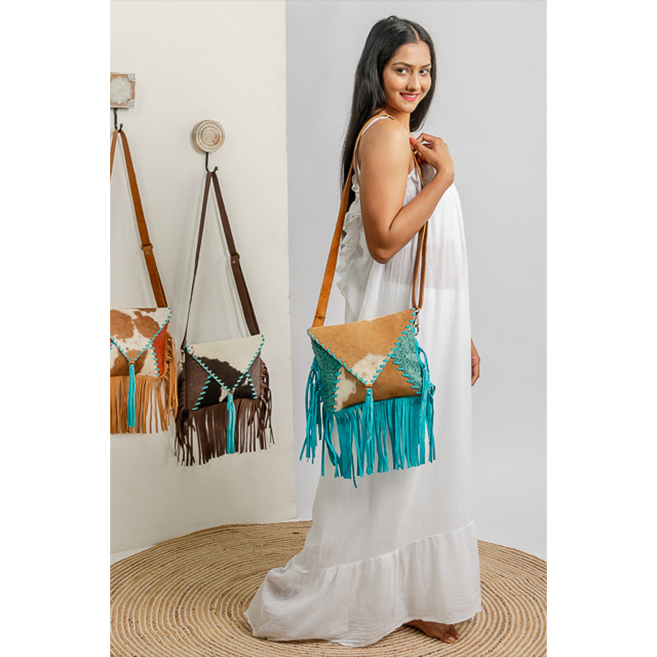 Cowhide Tooling Carving Fringe Bag