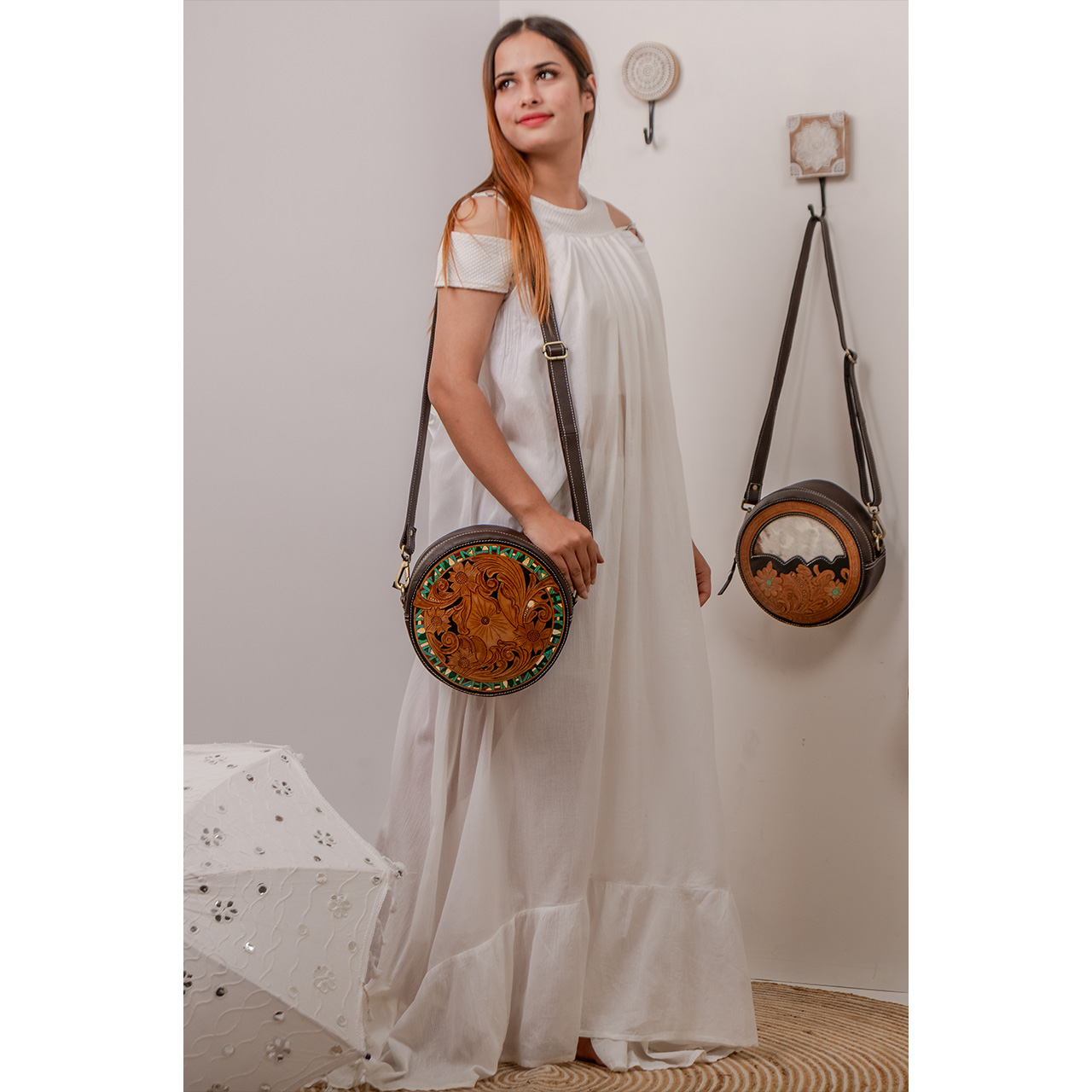 Cowhide Tooling Carving Sling Bag