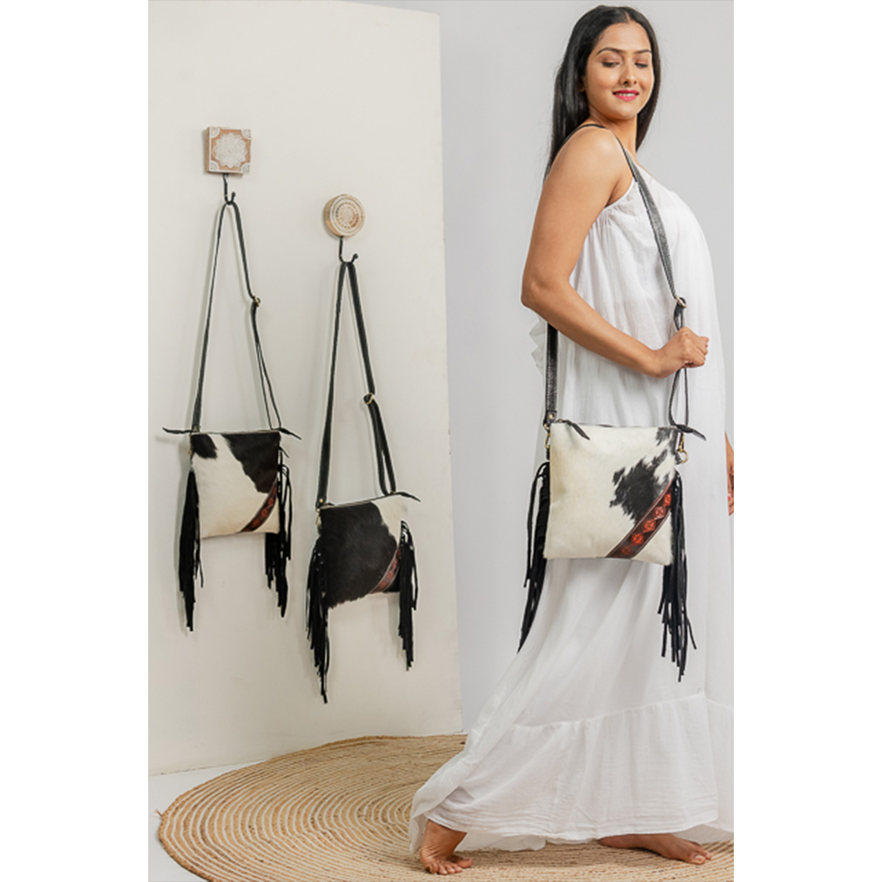 Cowhide Tooling Carving Fringe Bag